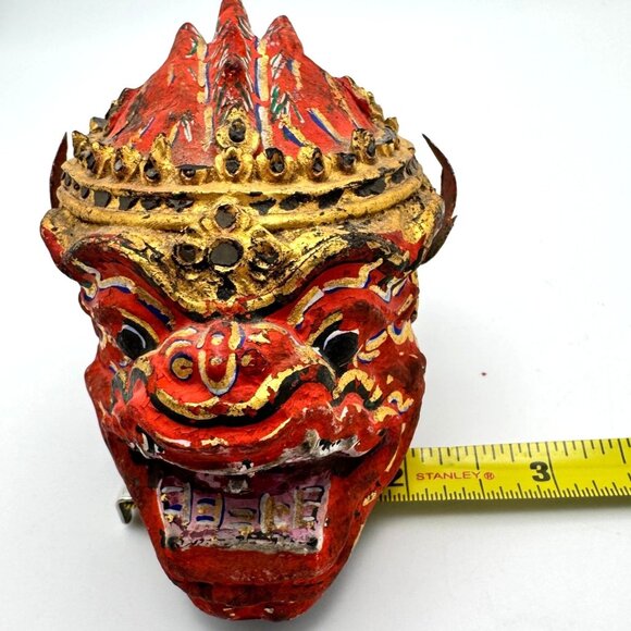 Traditional Handcrafted Thai Khon Mask Wall Art Intricate Red Gold Detail - Picture 2 of 9